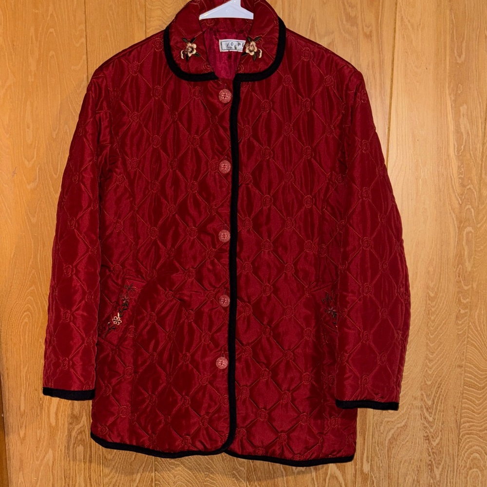 Red Quilted Jacket with Embroidery Details